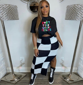 Black White Plaid Print Two Piece Skirt Set