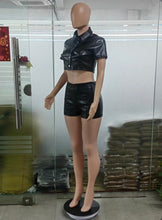 Load image into Gallery viewer, PU Leather Single Breasted Short Sleeve Shorts Suite
