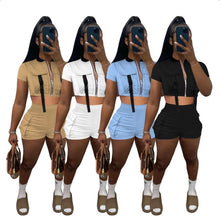 Load image into Gallery viewer, Fashion Zip Short Sleeve Shorts Two Piece Set
