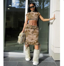 Load image into Gallery viewer, Short Sleeve Crop Tops And Skirt Two Piece Set

