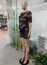 Load image into Gallery viewer, Letter Print Sexy See-through Short Sleeve Shorts 2 Piece Set
