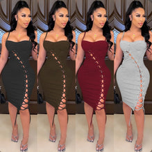 Load image into Gallery viewer, Sexy Solid Sling Hollow Bandage Midi Dress
