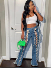 Load image into Gallery viewer, Denim Tassel Lace-Up Straight Jeans Pants
