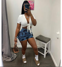 Load image into Gallery viewer, Fashion White Top Camo Cargo Pocket Shorts Two Piece Sets
