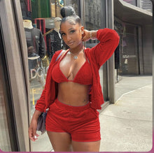 Load image into Gallery viewer, Velvet Hooded Zipper Coat+Bra Top+Shorts 3 Piece Sets
