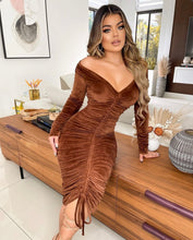 Load image into Gallery viewer, Sexy Velvet Drawstring Ruched Long Sleeve Midi Dress
