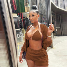 Load image into Gallery viewer, Velvet Hooded Zipper Coat+Bra Top+Shorts 3 Piece Sets
