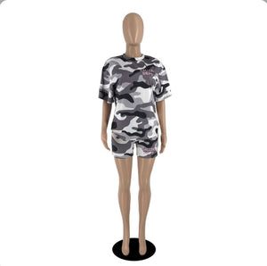 Camo Print Short Sleeve Casual Two Piece Set