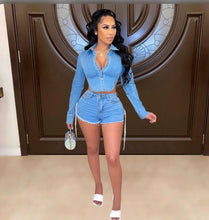 Load image into Gallery viewer, Denim Backless Long Sleeve Top+Lace-Up Shorts 2 Piece Sets
