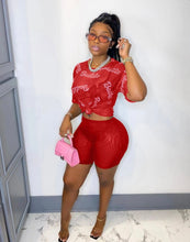 Load image into Gallery viewer, Letter Print Sexy See-through Short Sleeve Shorts 2 Piece Set
