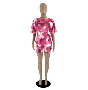 Camo Print Short Sleeve Casual Two Piece Set