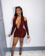 Load image into Gallery viewer, Sexy Solid Color Halter Deep V Long Sleeve Mini Dress
