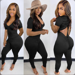 A Solid Backless Drawstring Ruched Jumpsuit