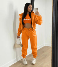 Load image into Gallery viewer, Plush Letter Print Hooded Sweatshirt Three Piece Pant Set
