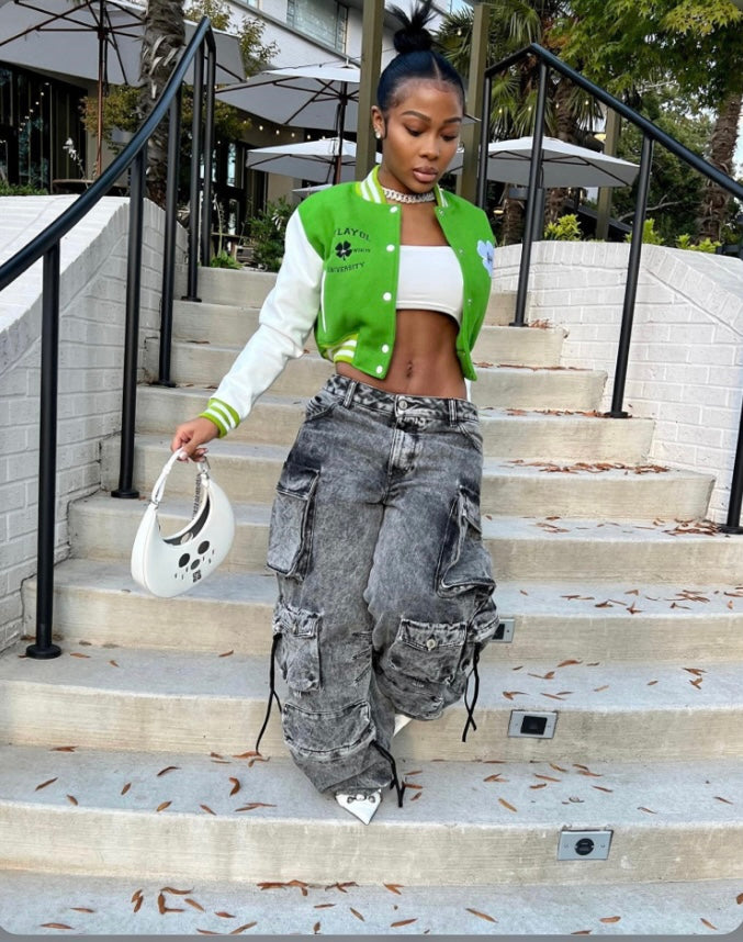 A Letter Embroidery Color Blocking Baseball Jacket