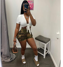 Load image into Gallery viewer, Fashion White Top Camo Cargo Pocket Shorts Two Piece Sets
