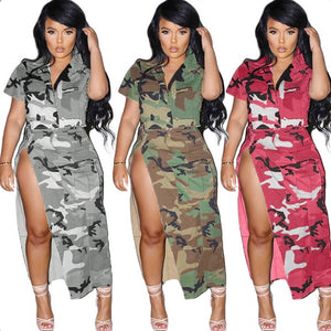 Camo Print Lapel Neck Split Skirt 2 Piece Set