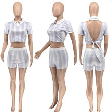 Load image into Gallery viewer, Stripe Print Lace Up Backless Top Shorts Two Piece Set
