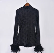Load image into Gallery viewer, Long Sleeved Patchwork Feather Mesh Jumpsuit
