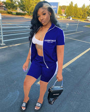 Load image into Gallery viewer, Letter Print Zipper Short Sleeve Shorts 2 Piece Set
