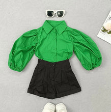 Load image into Gallery viewer, Kids Girls Lantern Sleeve Shirt And Short Two Piece Set
