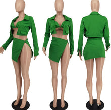 Load image into Gallery viewer, Solid Long Sleeve Coat+Bra Top+Split Mini Skirt 3 Piece Sets

