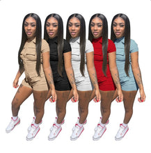 Load image into Gallery viewer, Solid Short Sleeve Zipper Pocket Romper
