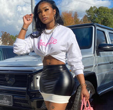 Load image into Gallery viewer, Letter Print Sweatshirt And Splicing Leather Skirt 2 Piece Set
