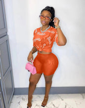 Load image into Gallery viewer, Letter Print Sexy See-through Short Sleeve Shorts 2 Piece Set

