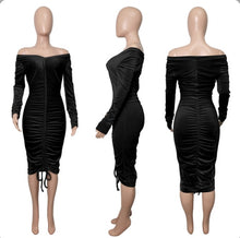 Load image into Gallery viewer, Sexy Velvet Drawstring Ruched Long Sleeve Midi Dress
