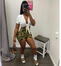 Load image into Gallery viewer, Fashion White Top Camo Cargo Pocket Shorts Two Piece Sets
