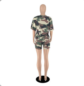 Camo Print Short Sleeve Casual Two Piece Set