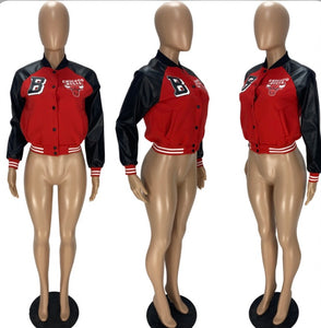 B Letter Print Plush Short Baseball Jacket