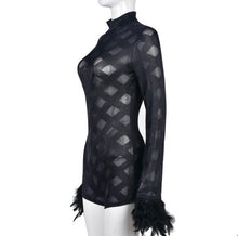 Load image into Gallery viewer, Long Sleeved Patchwork Feather Mesh Jumpsuit
