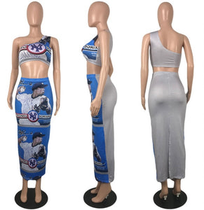 Baseball Print Slash Shoulder Tops And Skirt Two Piece Set Www.dreamempirellc.com