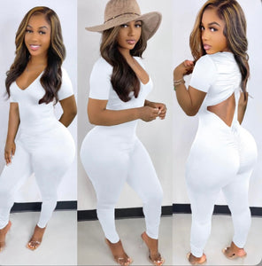 A Solid Backless Drawstring Ruched Jumpsuit