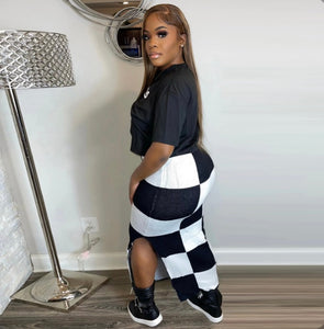 Black White Plaid Print Two Piece Skirt Set