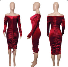 Load image into Gallery viewer, Sexy Velvet Drawstring Ruched Long Sleeve Midi Dress

