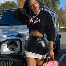 Load image into Gallery viewer, Letter Print Sweatshirt And Splicing Leather Skirt 2 Piece Set
