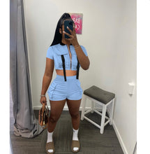 Load image into Gallery viewer, Fashion Zip Short Sleeve Shorts Two Piece Set
