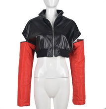 Load image into Gallery viewer, PU Leather Contrast Color Splicing Zipper Short Jacket
