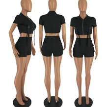 Load image into Gallery viewer, Fashion Zip Short Sleeve Shorts Two Piece Set
