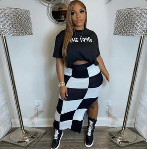 Black White Plaid Print Two Piece Skirt Set