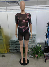 Load image into Gallery viewer, Letter Print Sexy See-through Short Sleeve Shorts 2 Piece Set
