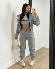 Load image into Gallery viewer, Plush Letter Print Hooded Sweatshirt Three Piece Pant Set
