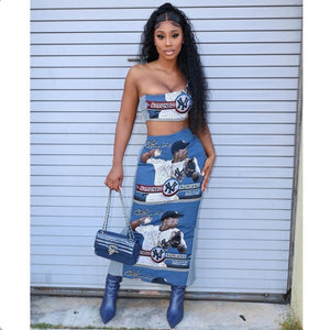 Baseball Print Slash Shoulder Tops And Skirt Two Piece Set Www.dreamempirellc.com