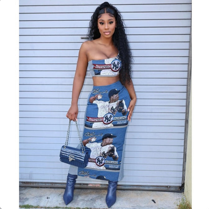 Baseball Print Slash Shoulder Tops And Skirt Two Piece Set Www.dreamempirellc.com