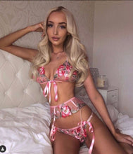 Load image into Gallery viewer, Floral Print Lace Bra G-string with Garter Belt 3 Pieces Sexy Lingerie Set
