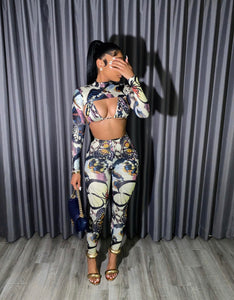 Butterfly Print Bra+Long Sleeve Crop Top+Pants 3 Piece Sets