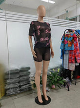 Load image into Gallery viewer, Letter Print Sexy See-through Short Sleeve Shorts 2 Piece Set
